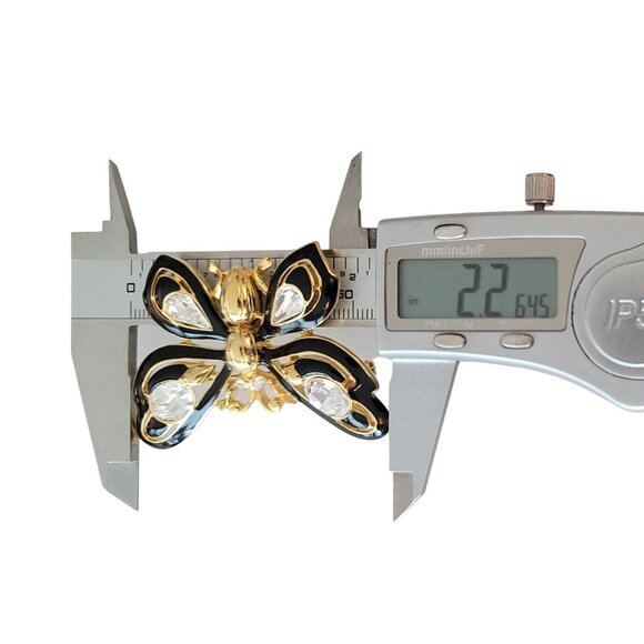 Trifari Gold Tone Clear Rhinestone Black Enamel Butterfly Brooch, Signed M777 - Picture 6 of 8
